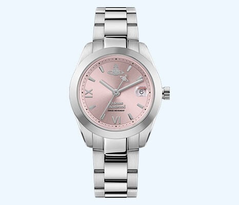 Vivienne Westwood Fenchurch watch with silver bracelet and soft pink dial, a minimalist and modern women’s timepiece.